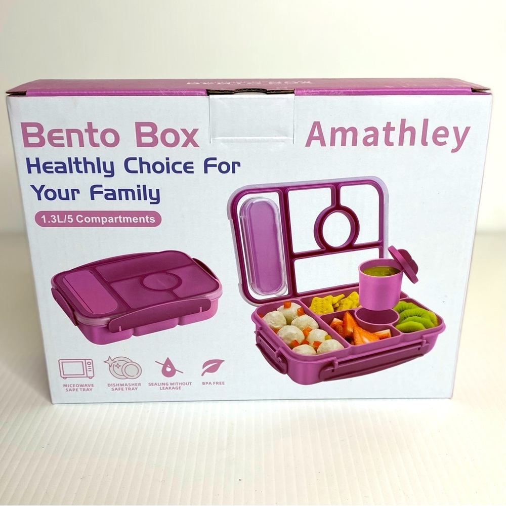 Amathley Bento Box With 5 Compartments For Lunches Adults, Kids, Purple BPA Free - Picture 1 of 8